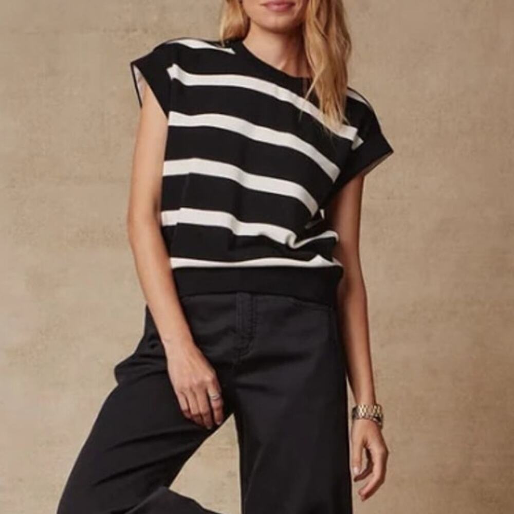 Evereve Sutton Sweatshirt Black White Stripe French Terry Cap Sleeve Women's M